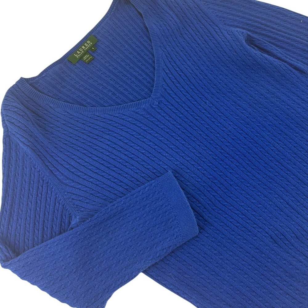 Lauren Ralph Lauren Cable Knit V-Neck Sweater‎ Cotton Small Blue Womens